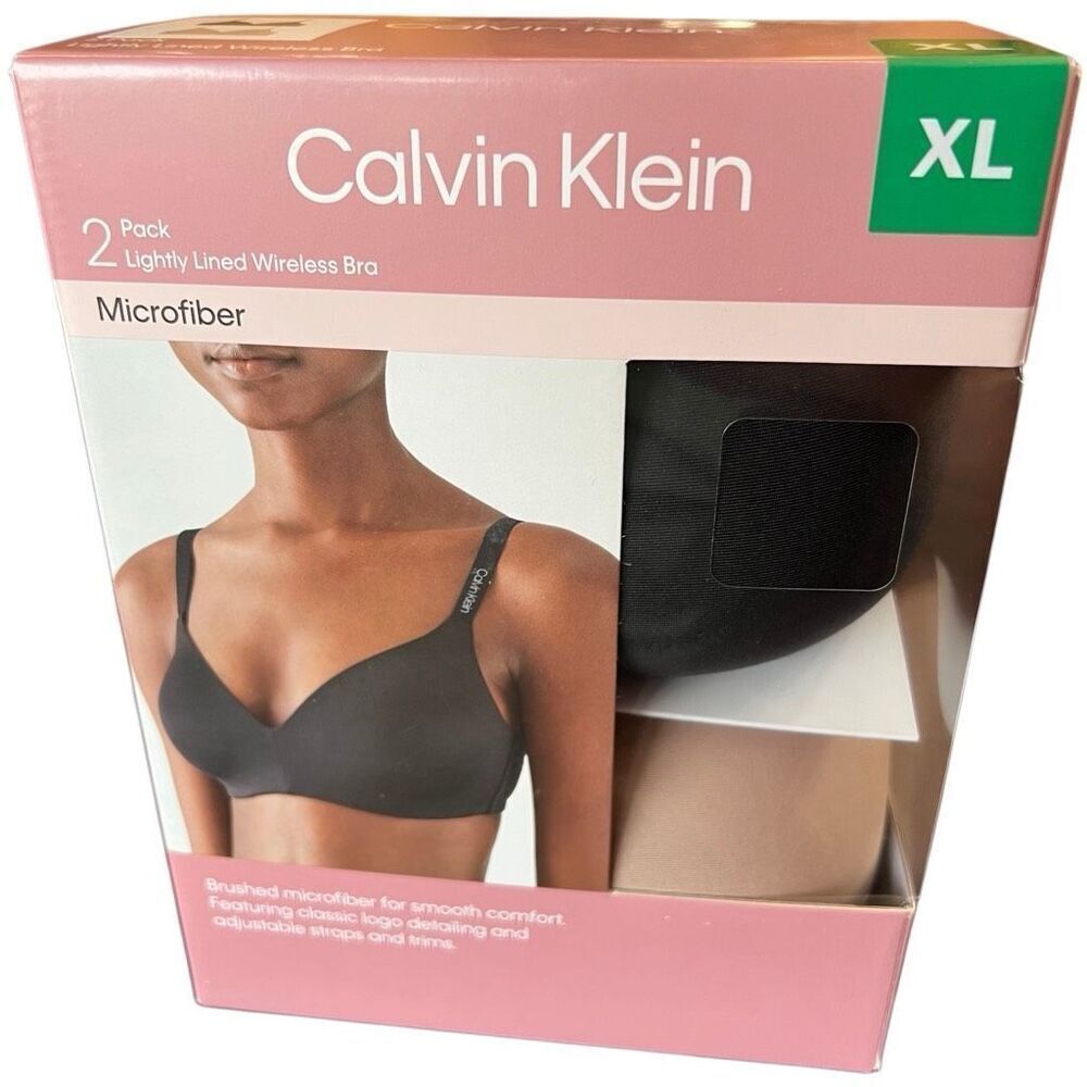 CALVIN KLEIN Bras 2-Pack XL Lightly Lined Wireless Microfiber Black Nude‎ NWT